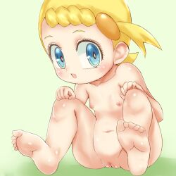  1girl barefoot blonde_hair blue_eyes bonnie_(pokemon) cleft_of_venus collarbone completely_nude creatures_(company) fat_mons feet flat_chest full_body game_freak grey_background loli momonoji_(daiojo) navel nintendo nipples nude open_mouth pokemon pokemon_(anime) pokemon_xy_(anime) pussy short_hair short_sidetail simple_background sitting smile soles solo spread_legs toes uncensored 