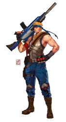  1boy bandolier bill_rizer blonde_hair contra gloves gun hand_on_own_hip headband holding holding_weapon looking_at_viewer male_focus rifle simple_background solo tattoo tildeed weapon white_background 