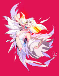  breasts highres kill_la_kill kiryuuin_ragyou large_breasts looking_at_viewer mature_female medium_breasts pink_background red_eyes simple_background white_hair 