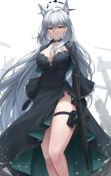  1girl animal_ears assault_rifle black_dress blue_archive breasts broken_halo choker cleavage closed_mouth collarbone dark_halo dress extra_ears frilled_sleeves frills frown grey_hair gun hair_ornament hairclip halo highres large_breasts lazb. long_hair looking_at_viewer mismatched_pupils rifle shiroko_(blue_archive) shiroko_terror_(blue_archive) sig_sg550 solo thigh_strap thighs very_long_hair weapon wide_sleeves wolf_ears 