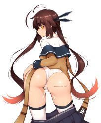 1girl antenna_hair ass bad_id bad_pixiv_id black_skirt bloody0rabby blush body_writing brown_hair clothes_pull contrapposto cum cum_in_clothes cum_in_pussy cumdrip from_behind girls&#039;_frontline gradient_hair hand_on_own_hip highres long_hair long_sleeves looking_at_viewer looking_back m14_(girls&#039;_frontline) mole mole_on_ass multicolored_hair off_shoulder panties pout red_hair shirt skirt skirt_pull solo sweat thighhighs twintails underwear very_long_hair white_background white_panties white_shirt white_thighhighs yellow_eyes rating:Explicit score:56 user:danbooru
