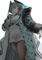  1girl absurdres aqua_eyes aqua_nails aqua_wings arknights black_pantyhose breasts coat commentary dress fingerless_gloves from_below gloves grey_hair hand_on_own_cheek hand_on_own_face hand_up head_wings highres ho&#039;olheyak_(arknights) hrk_(dxez4457) infection_monitor_(arknights) large_breasts long_coat looking_at_viewer looking_down nail_polish open_clothes open_coat pantyhose parted_lips pencil_dress short_hair smile solo teeth tongue upper_teeth_only white_coat white_dress white_gloves wings  rating:General score:6 user:danbooru