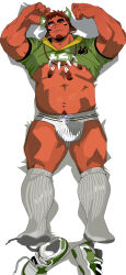  1boy abs absurdres american_football_uniform animal_ears arms_up bamashengze bara belly blush briefs brown_hair calf clothes_lift come_hither cow_boy cow_ears cow_horns dakimakura_(medium) eye_black facial_hair feather_necklace fiery_horns forked_eyebrows from_above full_body glowing_horns goatee highres horns jewelry kneehighs large_pectorals looking_at_viewer male_focus male_underwear muscular muscular_male necklace no_pants one_eye_closed pectorals plump shirt_lift shoes short_hair smile socks solo spiked_hair sportswear strongman_waist thick_eyebrows thick_thighs thighs tokyo_houkago_summoners underpec underwear unworn_shoes wakan_tanka white_male_underwear 