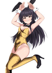  1girl absurdres animal_ears bamiyanpixel black_bow black_bowtie black_hair bow bowtie breasts brown_eyes cleavage clenched_teeth detached_collar gold_leotard gold_thighhighs highres idolmaster idolmaster_shiny_colors leotard long_hair mayuzumi_fuyuko medium_breasts playboy_bunny ponytail rabbit_ears rabbit_pose rabbit_tail simple_background solo standing standing_on_one_leg tail teeth white_background wrist_cuffs 