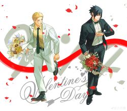  2boys absurdres black_eyes black_footwear black_hair blonde_hair blue_eyes bouquet closed_mouth facial_mark flower formal full_body hair_between_eyes highres holding holding_bouquet looking_at_another male_focus multiple_boys naruto naruto_(series) open_mouth petals short_hair spiked_hair standing suit taichu_xu uchiha_sasuke uzumaki_naruto whisker_markings 