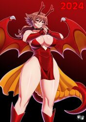  1girl 2024 absurdres artist_logo breasts brown_hair chinese_zodiac choker cleavage curvy dragon_girl dragon_horns dragon_tail dragon_wings dress female_focus fingerless_gloves gloves grin highleg highleg_dress highres horns jadenkaiba large_breasts long_hair looking_at_viewer new_year no_bra no_panties orange_eyes original pelvic_curtain ponytail red_dress red_footwear red_gloves shiny_skin short_shorts shorts smile solo standing tail thick_thighs thighs wide_hips wings year_of_the_dragon yui_rakkuza  rating:Sensitive score:14 user:ajp12