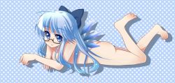 1girl alternate_hairstyle bad_anatomy bad_feet bad_id bad_pixiv_id barefoot bespectacled binsen blue_eyes blue_hair blush bow cirno feet glasses long_hair matching_hair/eyes nude poorly_drawn solo embodiment_of_scarlet_devil touhou wings rating:Questionable score:2 user:danbooru