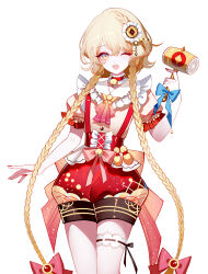 1girl ;d ascot bell blonde_hair braid choker commentary_request cowboy_shot frilled_choker frills hammer hand_up highres holding holding_hammer jingle_bell long_hair looking_at_viewer neck_bell one_eye_closed open_mouth original pink_ascot puffy_short_sleeves puffy_shorts puffy_sleeves red_choker red_shorts sheya shirt short_sleeves shorts simple_background smile solo standing suspender_shorts suspenders twin_braids very_long_hair white_background yellow_eyes 