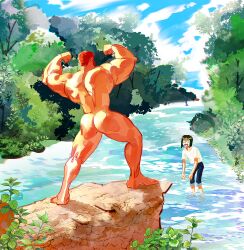  2boys ass back bara beard black_hair blank_eyes completely_nude facial_hair fate/zero fate_(series) flexing from_behind highres iskandar_(fate) male_focus multiple_boys muscular muscular_male nude numano_soko open_mouth outdoors red_hair river shirt short_hair surprised wading waver_velvet white_shirt 
