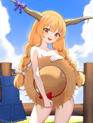 1girl :d absurdres alternate_hairstyle bare_shoulders blue_overalls blue_sky blush bow braid cloud collarbone commentary commission contrapposto covering_body cowboy_shot english_commentary fang fence hair_bow hat highres holding holding_clothes holding_hat horn_ornament horn_ribbon horns ibuki_suika long_hair looking_at_viewer low_twin_braids low_twintails nude oeyama open_mouth orange_eyes orange_hair outdoors overalls pink_nails ribbon skin_fang sky smile solo straw_hat thighhighs touhou twin_braids twintails unworn_clothes unworn_hat unworn_headwear white_bow wooden_fence rating:Sensitive score:35 user:danbooru