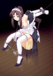  1girl aftersex apron arms_behind_back bdsm blue_eyes blush bondage bound bound_wrists bow breasts brown_hair chair clothes_lift collar cuffs cum cumdrip elbow_gloves f-ism facial frilled_thighhighs frills full_body gloves hair_bow high_heels highres long_hair maid maid_apron maid_headdress murakami_suigun nipples off_shoulder open_clothes open_mouth original panties ponytail shoes sitting skirt skirt_lift solo spreader_bar tears thighhighs underwear upskirt whip_marks white_thighhighs yellow_panties  rating:Explicit score:156 user:danbooru