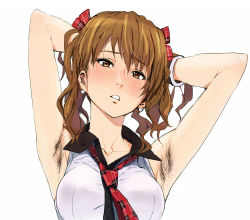 1girl armpit_hair armpits arms_up blush breasts brown_eyes brown_hair highres ishii_takamori looking_at_viewer necktie original solo white_background rating:Questionable score:53 user:sakuri