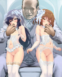  1boy 2girls akatsuki_(kancolle) alternate_costume blush breasts bridal_veil brown_eyes brown_hair censored commentary_request commission finger_in_another&#039;s_mouth flat_chest frills funitarefu garter_belt garter_straps groin hair_ornament hairclip highres ikazuchi_(kancolle) kantai_collection loli long_sleeves molestation mosaic_censoring multiple_girls nipples pixiv_commission purple_eyes purple_hair pussy pussy_juice revealing_clothes saliva thighhighs ugly_man veil white_garter_belt white_garter_straps white_thighhighs  rating:Explicit score:243 user:danbooru