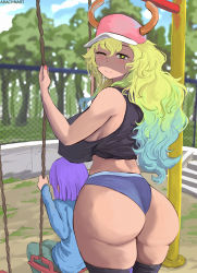  1boy 1girl arachnart ass back bare_shoulders baseball_cap black_thighhighs blonde_hair blue_hair blurry blurry_background blush breasts closed_mouth cowboy_shot crop_top curvy day denim denim_shorts dragon_horns from_behind green_hair hat highres horns huge_ass kobayashi-san_chi_no_maidragon large_breasts long_hair looking_at_viewer looking_back lucoa_(maidragon) magatsuchi_shouta midriff multicolored_eyes no_bra one_eye_closed outdoors playground purple_hair revealing_clothes sagging_breasts short_shorts shorts sideboob sitting sleeveless smile standing symbol-shaped_pupils tagme thighhighs wide_hips wink yellow_eyes  rating:Questionable score:176 user:DarkToonLink