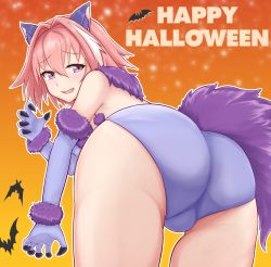 1boy animal_ears ass astolfo_(fate) bat_(animal) braid cat_ears claws cosplay elbow_gloves english_text fang fate/apocrypha fate_(series) from_behind fur_trim gloves hair_between_eyes hair_intakes happy_halloween highres looking_back male_focus mash_kyrielight mash_kyrielight_(dangerous_beast) mash_kyrielight_(dangerous_beast)_(cosplay) multicolored_hair official_alternate_costume open_mouth orange_background panties patyu3 pink_hair single_braid skin_fang solo streaked_hair tail trap underwear white_hair rating:Questionable score:29 user:Domestic_Importer