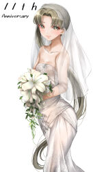  1girl alternate_costume anniversary ayanami_(kancolle) bare_shoulders bouquet breasts bridal_veil dress feet_out_of_frame flower highres holding holding_bouquet kantai_collection long_hair side_ponytail small_breasts solo tororo_ten veil wedding_dress white_dress 