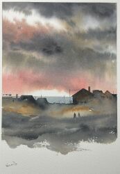  2others blue_sky building cloud cloudy_sky day highres horizon house mouen_tw multiple_others original painting_(medium) power_lines scenery sky traditional_media utility_pole watercolor_(medium) 