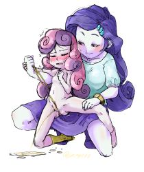  2girls age_difference breasts clothed_female_nude_female female_focus full_body highres incest loli multicolored_hair multiple_girls my_little_pony my_little_pony:_friendship_is_magic navel nipples nude onee-loli open_mouth pee peeing rarity_(my_little_pony) siblings simple_background sisters small_breasts sweetie_belle uncensored white_background yuri  rating:Explicit score:68 user:l355ar