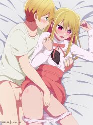  1boy 1girl absurdres artist_name black_bra blonde_hair blue_eyes blush bra brother_and_sister censored collarbone collared_shirt commentary english_commentary eufoniuz fingering grabbing grabbing_another&#039;s_breast grabbing_from_behind hair_between_eyes hetero highres hoshino_aquamarine hoshino_ruby incest lace lace_bra long_hair long_sleeves mosaic_censoring neck_ribbon one_side_up oshi_no_ko paid_reward_available panties panty_pull penis pink_eyes pink_ribbon ribbon shirt short_hair short_sleeves siblings sidelocks star-shaped_pupils star_(symbol) swept_bangs symbol-shaped_pupils t-shirt testicles twincest twins underwear watermark white_panties white_shirt  rating:Explicit score:242 user:danbooru