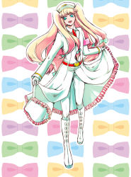  1boy androgynous armband artist_request belt blonde_hair blue_eyes boots bow buckle coat_dress crossdressing dress formal frilled_dress frills gloves hair_bow hair_ornament happy hat heart heart-shaped_buckle holding holding_clothes holding_dress leggings lipstick long_hair looking_to_the_side makeup male_focus nanbaka necktie open_mouth patterned_background platform_footwear short_twintails simple_background smile solo sugoroku_hitoshi suit swept_bangs thigh_boots thighhighs trap twintails white_background white_gloves 