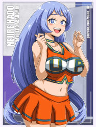  1girl :d blue_eyes blue_hair blush boku_no_hero_academia breasts character_name cheerleader hadou_nejire highres large_breasts long_hair open_mouth sano_br skirt smile standing tagme  rating:Sensitive score:109 user:xOppaiLove