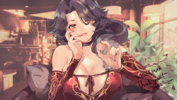  1girl artist_name black_choker black_hair breasts choker cinder_fall cleavage commission cowboy_shot dress food highres holding jam_(lc_jam) large_breasts lips long_hair looking_at_viewer macaron nail_polish off-shoulder_dress off_shoulder orange_eyes pixiv_commission plant red_nails rwby sitting solo 