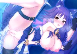  1girl animal_ears belt blush bow breasts breasts_outside censored corset cum cum_in_pussy detached_sleeves female_ejaculation from_side gloves large_breasts maca_(macaca12) makoto_(princess_connect!) nipples open_mouth princess_connect! princess_connect!_re:dive purple_hair skirt skirt_lift solo spread_legs steam tail wolf_ears wolf_girl wolf_tail yellow_eyes 
