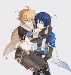  2boys aether_(genshin_impact) ahoge aqua_gemstone arm_armor armor baggy_pants belt black_belt black_bow black_footwear black_gloves black_shirt black_shorts blonde_hair blue_cape blue_eyes blue_hair blunt_ends blush boots bow braid brown_gloves brown_pants brown_shirt cape carrying closed_mouth covered_collarbone dark_blue_hair elbow_gloves eyeshadow fingerless_gloves gem genshin_impact gloves gold_necklace gold_trim hair_between_eyes hands_up hickey highres jewelry long_hair looking_at_another makeup male_focus multiple_boys necklace no_headwear open_clothes open_mouth open_vest orange_cape orange_eyes pants pom_pom_(clothes) princess_carry red_eyeshadow scaramouche_(genshin_impact) scarf shirt short_hair short_sleeves shorts shoulder_armor simple_background sleeveless sleeveless_shirt smile standing tassel tearing_up trembling vest vision_(genshin_impact) wanderer_(genshin_impact) white_background white_scarf white_vest yaoi ynyn54487207 