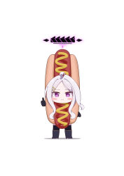  1girl :i absurdres ahoge black_gloves black_halo blue_archive blush_stickers chibi commentary english_commentary gloves halo highres hina_(blue_archive) hot_dog_costume long_hair looking_at_viewer looking_back parted_bangs purple_eyes sidelocks simple_background solo straight-on stryx thumbs_up white_background white_hair 