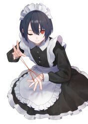  1boy ;) apron black_dress black_hair cat&#039;s_cradle closed_mouth dress frilled_apron frills from_above full_body hair_between_eyes highres hikarinohitori maid maid_apron maid_headdress male_focus one_eye_closed original red_eyes short_hair simple_background sitting smile solo trap waist_apron white_apron white_background 