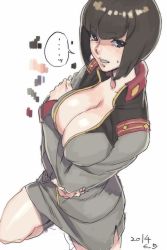  1girl ables&#039;_secretary bob_cut breasts brown_hair cleavage crossed_arms earth_federation gundam gundam_unicorn hesuke holding_own_arm large_breasts military military_uniform open_clothes open_shirt shirt solo sweatdrop uniform  rating:Questionable score:48 user:danbooru