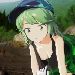  1girl 3d all_fours animated assisted_exposure bare_shoulders blurry blurry_background blush bouncing_breasts breasts camouflage camouflage_headwear disembodied_hand downblouse forest green_eyes green_hair hanging_breasts jiggle large_breasts medium_hair mofumoko5 nature no_bra outdoors solo tagme touhou tree video yamashiro_takane  rating:Questionable score:65 user:Qwertyuiop999