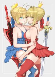 10s 2girls :3 ;o absurdres ahoge alternate_costume aqua_eyes arm_grab arm_up artoria_pendragon_(all) artoria_pendragon_(fate) asymmetrical_docking babydoll back bad_id bad_pixiv_id bare_arms bare_shoulders black_bow black_neckwear black_ribbon blonde_hair blue_babydoll blue_legwear blue_panties blue_ribbon bow bow_legwear bow_panties braid breast_press breasts choker clarent_(fate) closed_mouth collarbone commentary_request couple cowboy_shot crown excalibur_(fate/stay_night) eye_contact eyes_visible_through_hair face-to-face fate/extra fate/stay_night fate_(series) female_focus fingernails french_braid green_eyes grey_background hair_between_eyes hair_bun hair_ribbon half-closed_eyes hand_on_another&#039;s_arm hand_on_another&#039;s_thigh hand_up highres holding holding_sword holding_weapon large_breasts leg_grab lingerie looking_at_another medium_breasts mini_crown multiple_girls neck nero_claudius_(fate) nero_claudius_(fate)_(all) nero_claudius_(fate/extra) official_alternate_costume one_eye_closed panties parted_lips red_babydoll red_legwear red_panties red_ribbon ribbon ribbon_choker saber_(fate) short_hair sideboob single_hair_bun smile standing sword takaoka_hide teeth thighhighs type-moon underwear weapon white_bow white_choker white_ribbon wince yuri rating:Sensitive score:29 user:danbooru