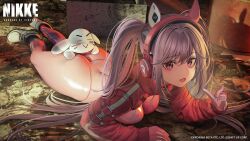  1girl alice_(nikke) animal ass bodysuit bunny_headphones day gloves goddess_of_victory:_nikke headphones highres long_hair looking_at_viewer lying nanaken_nana official_art on_ground on_stomach open_mouth pink_bodysuit pink_eyes pink_gloves pink_hair rabbit second-party_source shoes smile sneakers twintails v white_footwear 