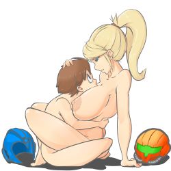  1boy 1girl between_breasts blonde_hair breast_smother breasts brown_hair capcom couple crossover ein457 eye_contact face_to_breasts girl_on_top hand_on_head helmet hetero highres hug large_breasts leg_lock looking_at_another mega_man_(character) mega_man_(series) metroid nintendo nipples nude samus_aran sex shiny_skin shota straddling super_smash_bros. upright_straddle vaginal  rating:Explicit score:322 user:Kyo91