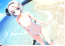 1girl absurdres beach black_hairband blue_eyes breasts cameltoe cleft_of_venus cloud collarbone covered_erect_nipples covered_navel day dutch_angle hairband highres katana ke-ta konpaku_youmu konpaku_youmu_(ghost) looking_at_viewer navel nipples non-web_source one-piece_swimsuit outdoors scabbard school_swimsuit see-through sheath sheathed short_hair silver_hair sky small_breasts solo swimsuit sword thigh_gap touhou translation_request wading water weapon wet white_one-piece_swimsuit rating:Questionable score:108 user:danbooru