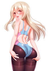 1girl ass back blonde_hair blue_one-piece_swimsuit blush breasts brown_pantyhose colored_eyelashes competition_swimsuit fate/kaleid_liner_prisma_illya fate_(series) hair_between_eyes highres illyasviel_von_einzbern legs_together loli long_hair looking_at_viewer looking_back one-piece_swimsuit open_mouth pantyhose pantyhose_under_swimsuit pink_one-piece_swimsuit red_eyes sidelocks simple_background skin_tight skindentation small_breasts smile swimsuit thighs white_background zirba rating:Questionable score:285 user:danbooru