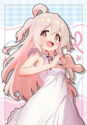  1girl :d absurdres ahoge bare_arms black_ribbon blush brown_eyes colored_inner_hair commentary_request dress frilled_dress frills genderswap genderswap_(mtf) grey_hair hair_between_eyes hands_up happy heart heart_hands highres long_dress long_hair looking_at_viewer melciort multicolored_hair neck_ribbon official_alternate_costume onii-chan_wa_oshimai! open_mouth oyama_mahiro pink_hair ribbon sleeveless sleeveless_dress smile solo standing two_side_up white_dress  rating:General score:2 user:danbooru