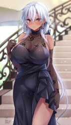  1girl absurdres black_dress black_nails black_sleeves blurry blurry_background blush breasts cleavage commentary_request dark-skinned_female dark_skin detached_sleeves dress drop_earrings earrings glasses hair_between_eyes highres jewelry kantai_collection large_breasts looking_at_viewer low_twintails mashiro_yukiya musashi_(kancolle) musashi_kai_ni_(kancolle) red_eyes ring see-through see-through_cleavage side_slit signature sleeveless sleeveless_dress solo stairs twintails wedding_ring 