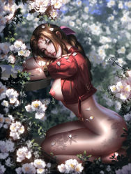  1girl aerith_gainsborough artist_name ass blurry blurry_background bow bracelet breasts brown_hair cropped_jacket final_fantasy final_fantasy_vii final_fantasy_vii_remake flower green_eyes hair_bow head_rest jacket jewelry large_breasts liang_xing looking_at_viewer naked_jacket nipples parted_lips petals seiza shade sitting solo square_enix third-party_edit  rating:Explicit score:43 user:terakhan