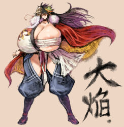  1girl 2b-ge areola_slip bandaged_chest bandages black_hair breasts brown_background cape character_request collarbone female_focus full_body gigantic_breasts hair_ornament japanese_text large_areolae long_hair looking_at_viewer mask mask_on_head purple_hair red_cape red_eyes shiny_skin smile solo thick_thighs thighs translation_request 