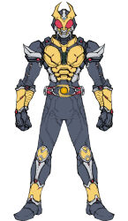  1boy absurdres agito_(ground_form) altering_(agito) armor belt black_bodysuit bodysuit breastplate clenched_hand compound_eyes driver_(kamen_rider) full_armor full_body gauntlets gloves gold_armor gold_horns heisei helmet highres horns kamen_rider kamen_rider_agito kamen_rider_agito_(series) looking_at_viewer male_focus mask red_eyes rider_belt shoulder_armor simple_background solo spiked_armor standing tokusatsu zd19990214 