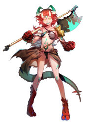  1girl absurdres arm_garter armor axe bikini_armor black_panties blood bloody_weapon blue_blood blue_gemstone blue_hair blue_pupils blue_tongue breasts chinese_commentary circlet claws clenched_hand collarbone colored_eyelashes colored_tongue commentary_request crack dragon_girl dragon_horns dragon_tail eromkk faulds full_body gem glowing glowing_eyes gradient_hair highres hooves horns legs_apart loincloth long_hair looking_at_viewer medium_breasts midriff monster_girl multicolored_hair multiple_horns navel o-ring open_mouth original over_shoulder panties pauldrons pointy_ears red_hair scales sharp_teeth shoulder_armor simple_background single_pauldron skinny slit_pupils smile solo standing stomach_tattoo stylized_blood tail tattoo teeth two-tone_hair underboob underwear weapon weapon_over_shoulder white_background yellow_eyes  rating:Sensitive score:12 user:danbooru