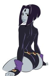  ass blue_hair bodysuit colored_skin dc_comics grey_skin highres looking_at_viewer looking_back purple_hair raven_(dc) smile solo teen_titans  rating:Sensitive score:36 user:AlienEuphoria
