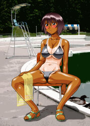  1girl aftersex arm_at_side azumanga_daiou bikini bird black_bikini blush breasts brown_eyes brown_hair chair duck green_footwear hair_between_eyes hand_on_own_thigh holding holding_towel kagura_(azumanga_daioh) ladder large_breasts lifeguard_chair navel non-web_source on_chair one-piece_tan outdoors parted_lips photo_background pool poolside sandals shadow shiny_skin shiny_swimsuit short_hair sitting solo spread_legs sweat swimsuit tan tanline toes tomboy towel umedama_nabu water wide_spread_legs 