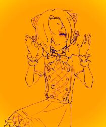  1girl bags_under_eyes belt bow brooch buttons closed_eyes cowboy_shot crying double-breasted dress facing_viewer frilled_wrist_cuffs frills furrowed_brow hair_bow hair_over_one_eye hands_up idolmaster idolmaster_cinderella_girls jewelry lineart long_bangs monochrome neck_ribbon one_eye_covered orange_theme parted_lips payama puffy_short_sleeves puffy_sleeves raised_eyebrows ribbon sad sad_smile shirasaka_koume short_dress short_eyebrows short_hair short_sleeves simple_background solo standing wrist_cuffs 