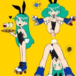  1girl absurdres after_vaginal aftersex animal_ears bent_over bow bowtie clothing_aside cum cum_in_pussy cumdrip detached_collar disembodied_penis full_body gnsisir green_eyes green_hair highres hilda_(hilda) hilda_(series) leotard leotard_aside loli long_hair looking_at_viewer lying penis playboy_bunny rabbit_ears rabbit_tail roller_skates simple_background sitting skates smile third-party_edit tray veins veiny_penis wrist_cuffs  rating:Explicit score:378 user:Tayakiayu