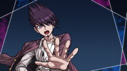  1boy blue_background buttons coat coat_on_shoulders collared_coat collared_jacket commentary_request danganronpa_(series) danganronpa_v3:_killing_harmony eyelashes facial_hair goatee hair_between_eyes jacket lapels layered_sleeves long_sleeves male_focus momota_kaito notched_lapels official_style open_clothes open_jacket open_mouth outside_border outstretched_arm palms parody pink_coat pink_sleeves polka_dot polka_dot_background purple_eyes purple_hair sharp_teeth short_hair simple_background solo style_parody teeth upper_body upper_teeth_only v-shaped_eyebrows white_jacket white_sleeves yumaru_(marumarumaru) 