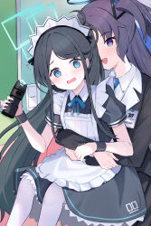  2girls absurdly_long_hair absurdres apron aris_(blue_archive) aris_(maid)_(blue_archive) black_dress black_hair blue_archive blue_eyes blue_halo blue_necktie blush collared_shirt dress flying_sweatdrops frilled_apron frills halo heart heart-shaped_pupils highres long_hair maid_apron mechanical_halo mi_taro333 multiple_girls necktie open_mouth pantyhose ponytail puffy_short_sleeves puffy_sleeves purple_eyes purple_hair shirt short_sleeves smile symbol-shaped_pupils two_side_up very_long_hair white_apron white_pantyhose white_shirt yuuka_(blue_archive) 