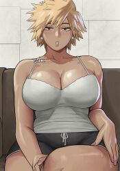  1girl bakugou_mitsuki bare_arms blonde_hair boku_no_hero_academia breasts cleavage couch curvy gud0c highres indoors large_breasts lips lipstick looking_at_viewer makeup mature_female parted_lips red_eyes shirt short_hair shorts sitting solo spiked_hair thighs wide_hips  rating:Sensitive score:61 user:danbooru